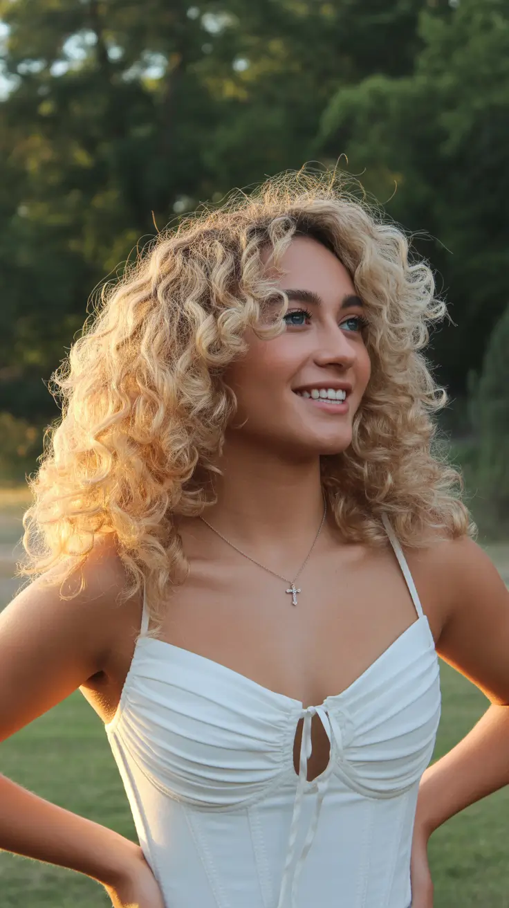 summer hair color for blondes 2026 honey Playful Honey Blonde Curls With Volume