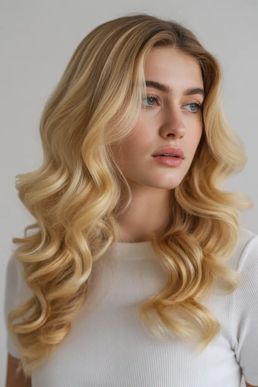 summer hair color for blondes 2026 honey Golden Honey Balayage With Soft Romantic Waves
