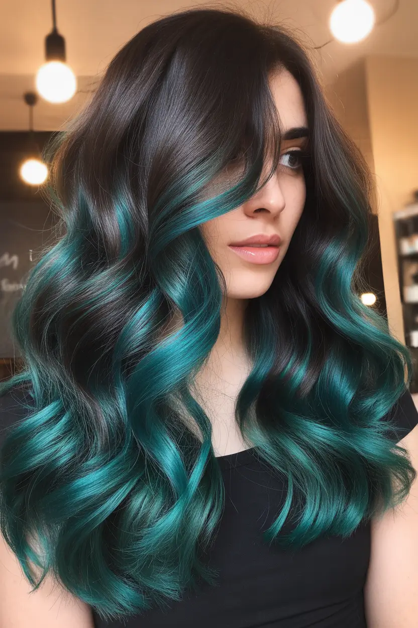 summer hair color ideas 2026 balayage Deep Espresso Waves With Teal Balayage Glow