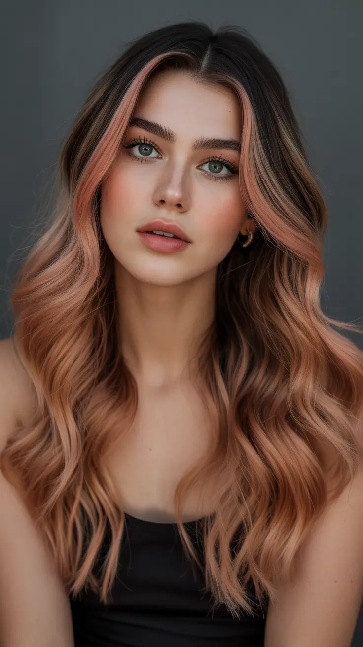 summer hair color ideas for brunettes 2026 balayage Peachy Rose Balayage With Seamless Brunette Blend