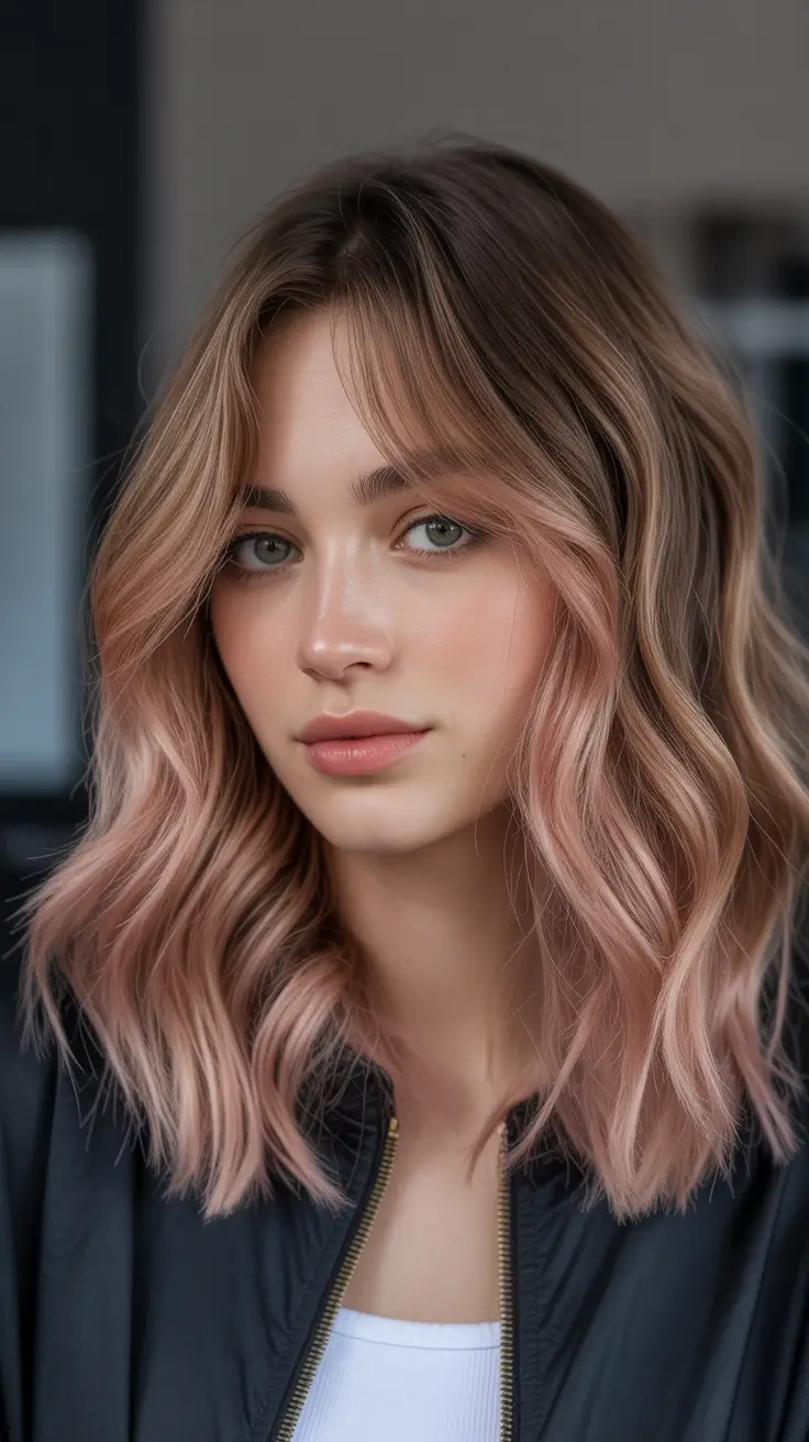 summer hair color ideas for brunettes 2026 balayage Muted Rose Gold Balayage on Soft Layered Lengths