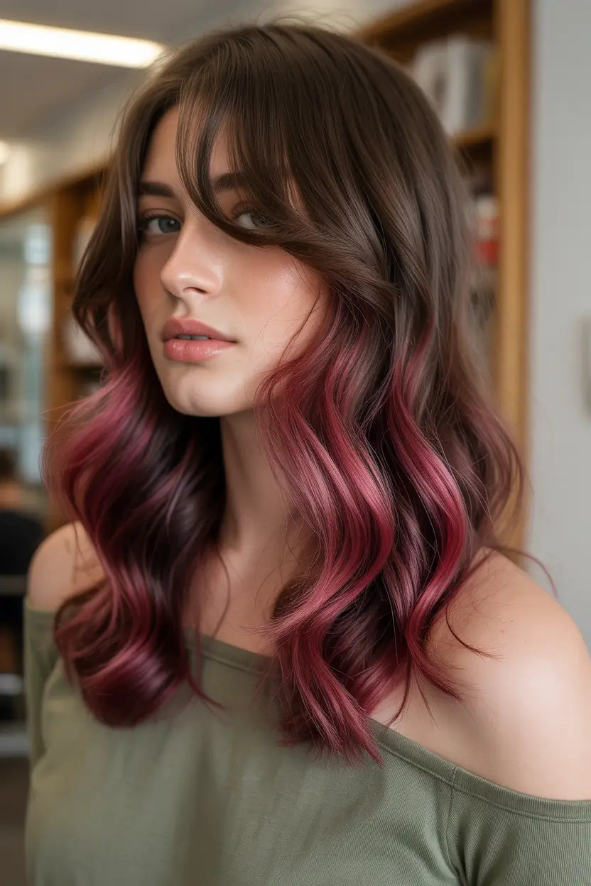 summer hair color ideas for brunettes 2026 balayage Deep Brunette With Bold Berry Red Balayage Ends