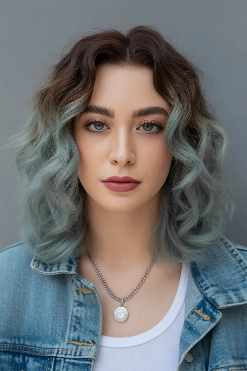 summer hair color ideas for brunettes 2026 balayage Dusty Teal Balayage on Soft Curly Texture