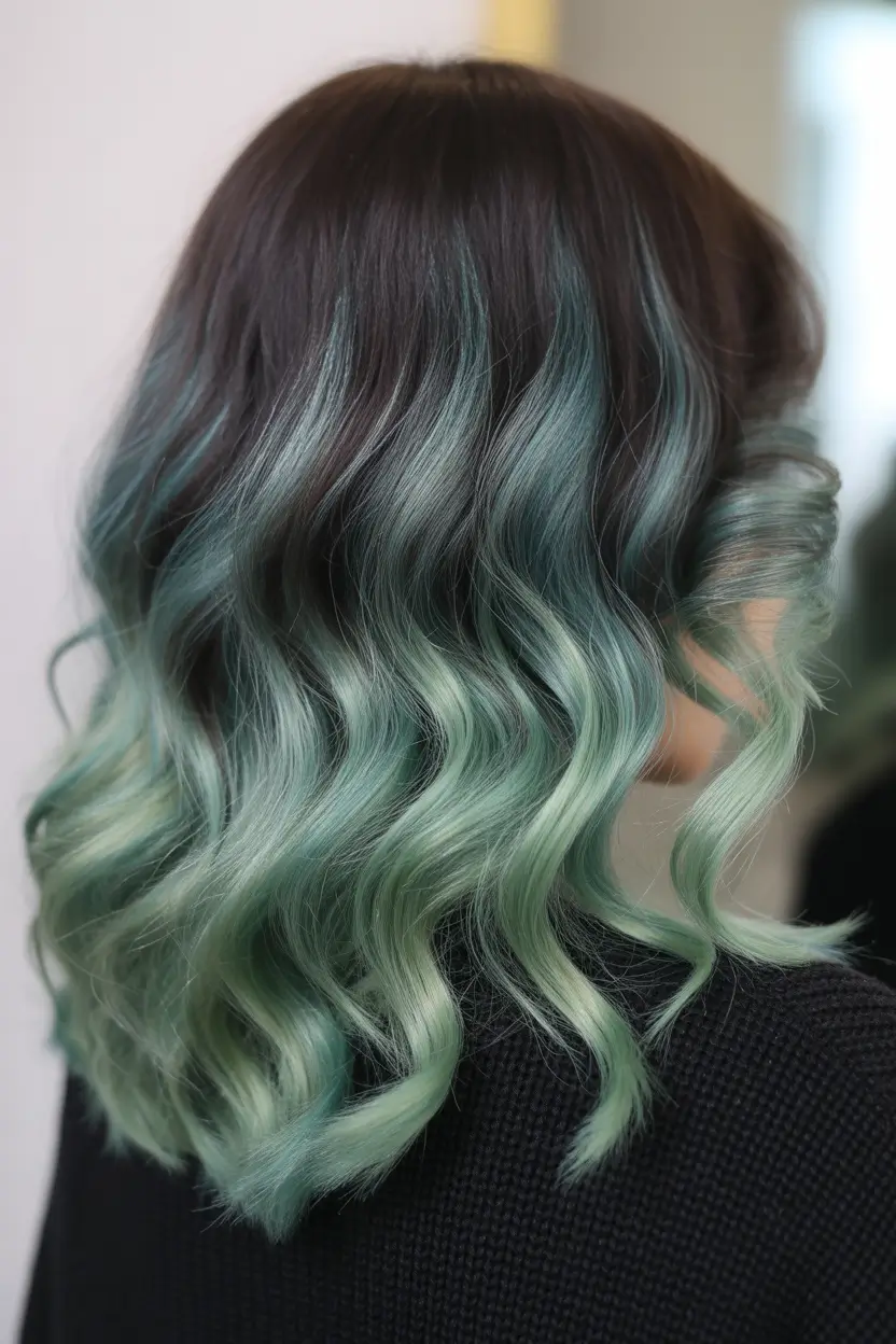 summer hair color ideas for brunettes 2026 balayage Muted Sage Green Balayage With Soft Wave Finish
