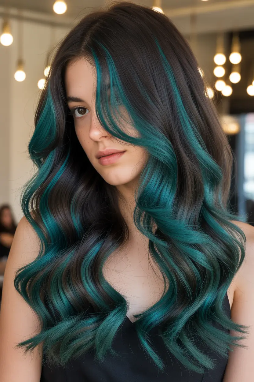 summer hair color ideas for brunettes 2026 balayage Deep Brunette With Teal Money Piece Highlights