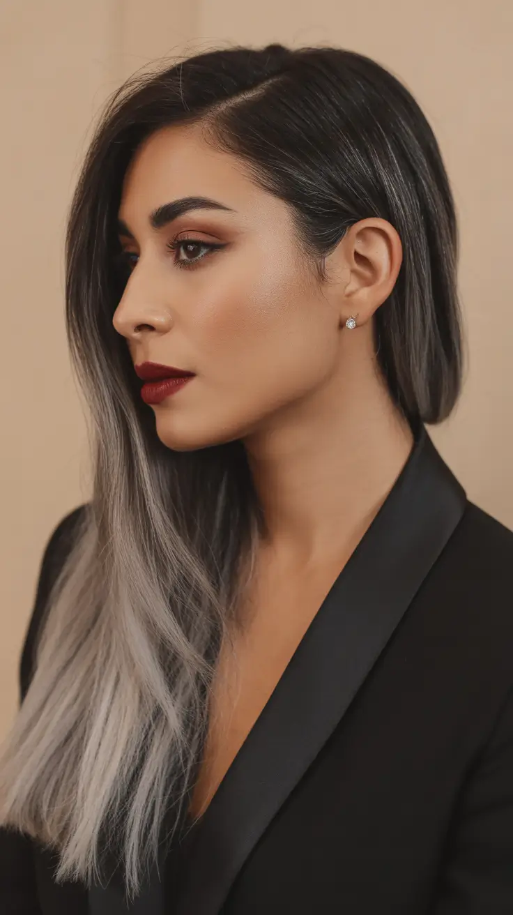 summer hair color ideas for brunettes 2026 balayage Smoky Silver Ombre on Sleek Straight Hair