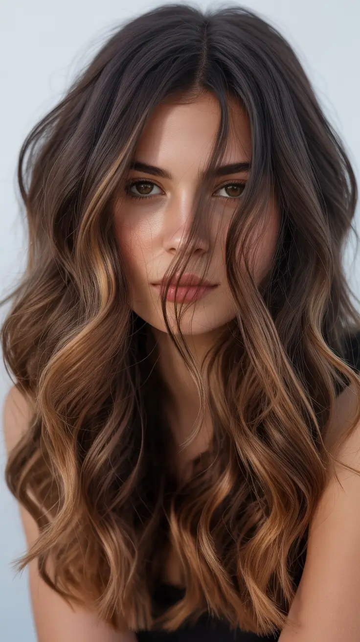 summer hair color ideas for brunettes 2026 balayage Rich Caramel Balayage on Deep Brunette Waves