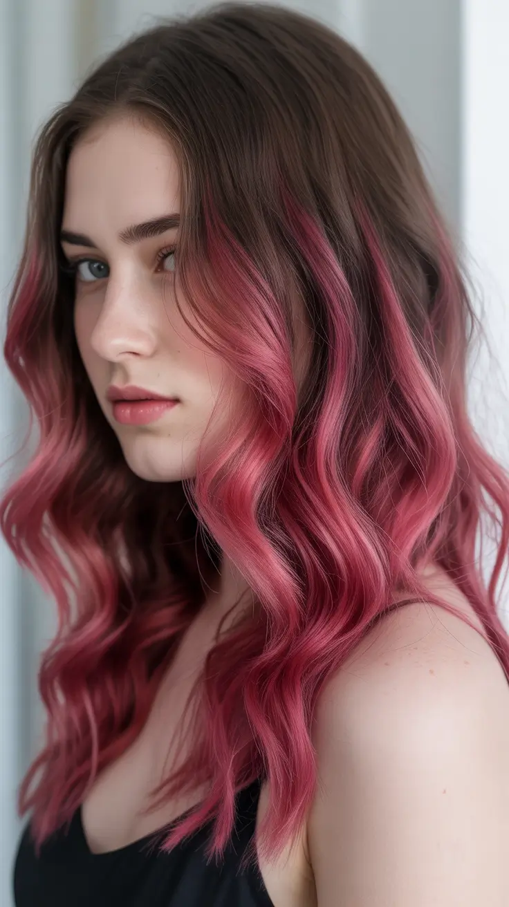 summer hair color ideas for brunettes 2026 balayage Vivid Rose Balayage With Soft Waves