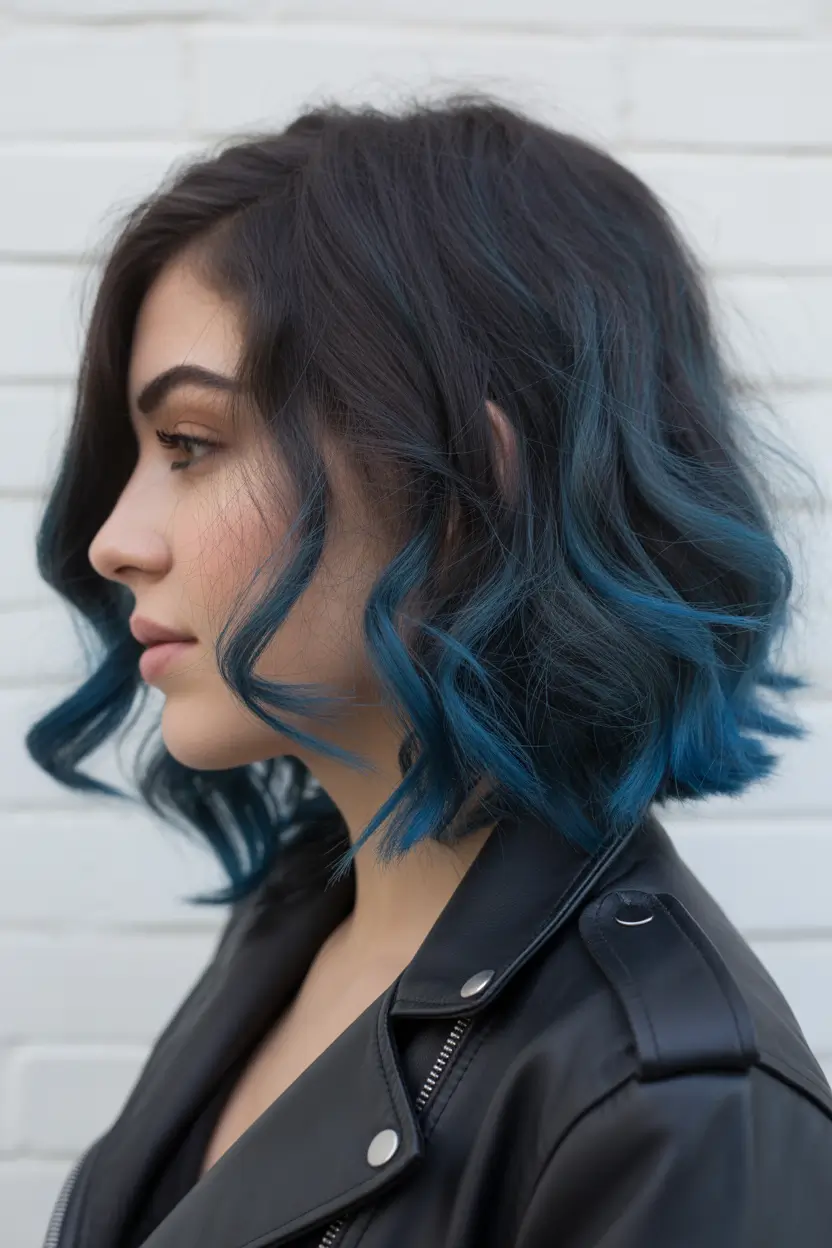 summer hair color ideas for brunettes 2026 balayage Edgy Midnight Bob With Teal Blue Accents