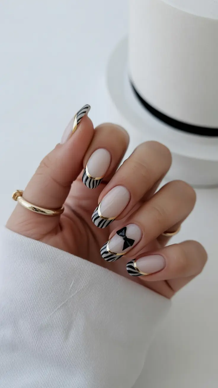 23 summer nail art ideas 2026 French tip Graphic Zebra French Tips With Gold Accents