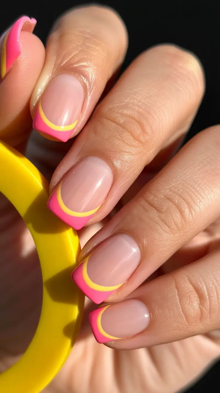 23 summer nail art ideas 2026 French tip Double Line Pink and Yellow French for Bold Contrast