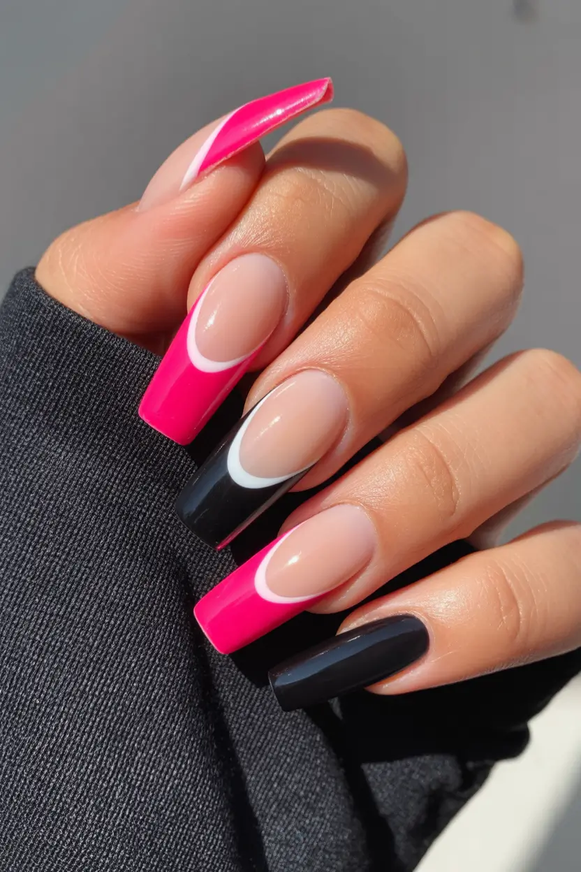 23 summer nail art ideas 2026 French tip Hot Pink and Black French Mix With Graphic Edges