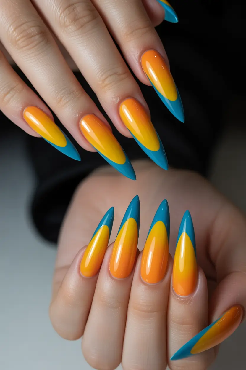23 summer nail art ideas 2026 French tip Sunset Orange and Blue French Tips With High Contrast