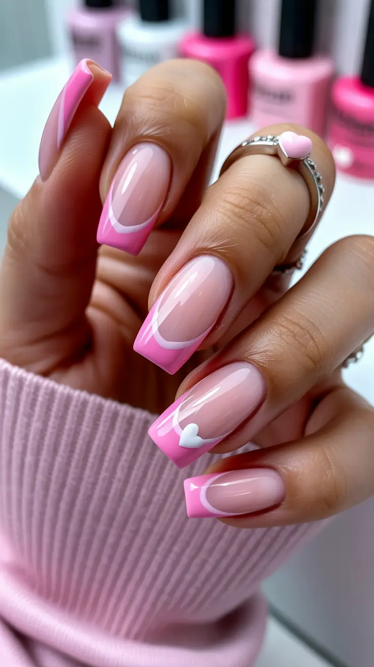 23 summer nail art ideas 2026 French tip Glossy Pink French Tips With Subtle Heart Detail