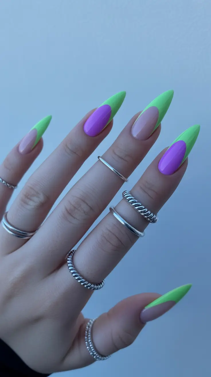 23 summer nail art ideas 2026 French tip Neon Green and Lilac French Tips With a Futuristic Edge