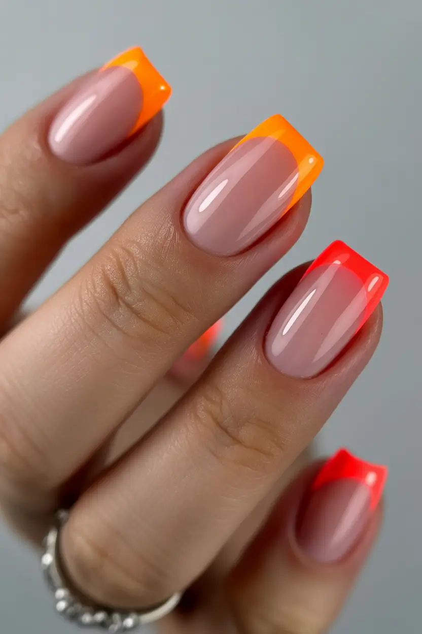 23 summer nail art ideas 2026 French tip Sunset Neon French Tips With a Color Melt Effect