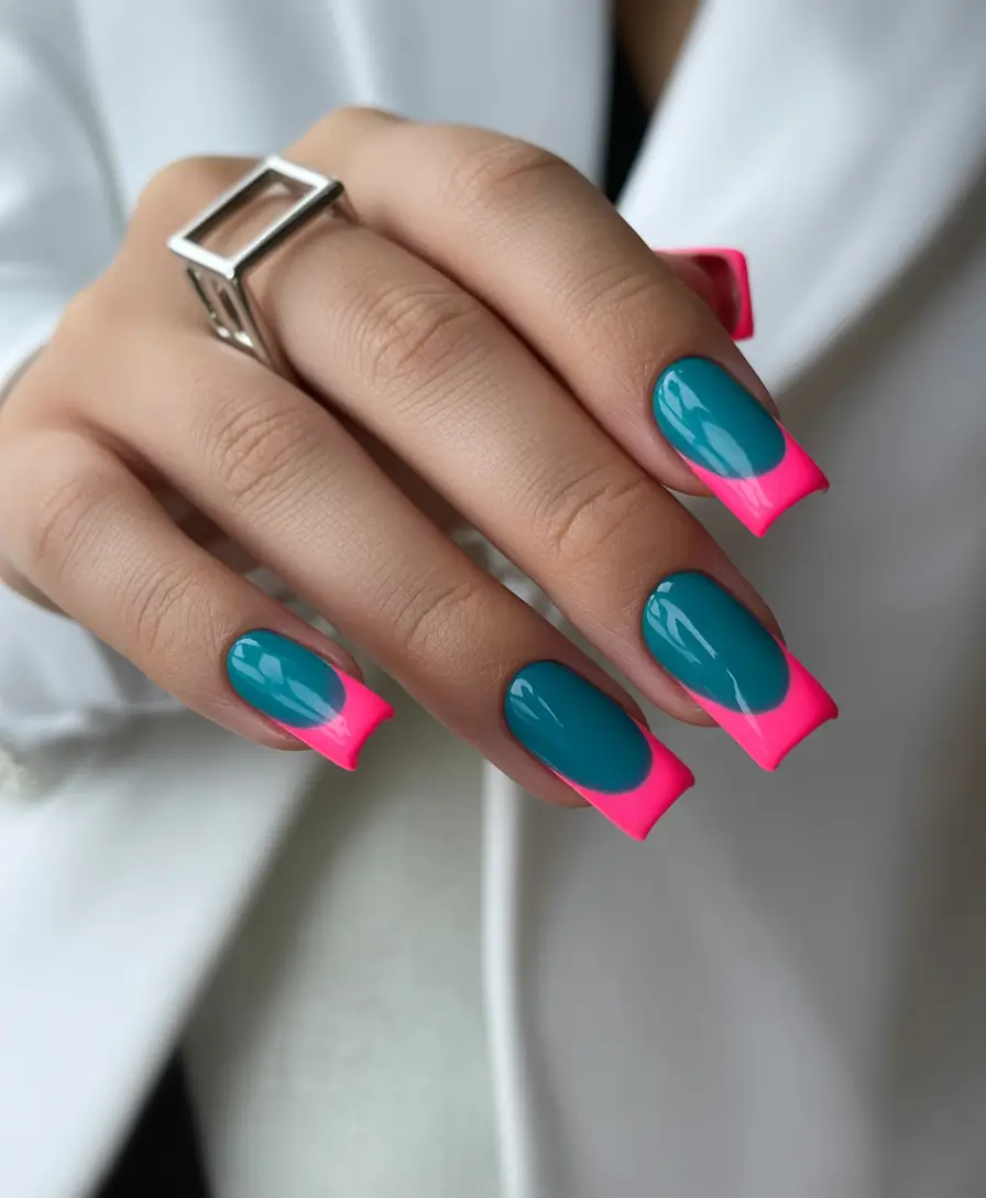 23 summer nail art ideas 2026 French tip Teal and Neon Pink French Tips With Bold Color Blocking