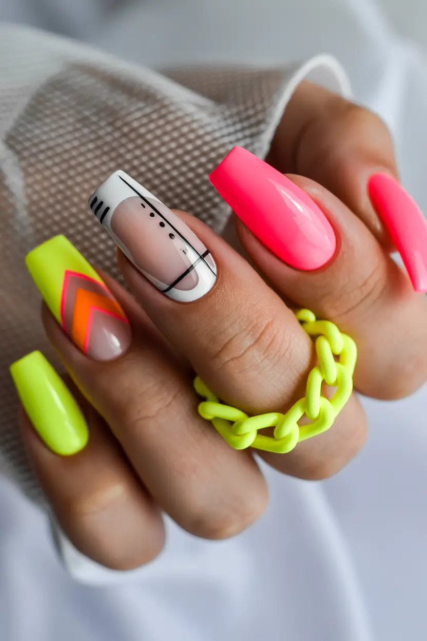 summer nail colors ideas 2026 neon Neon clash with graphic attitude
