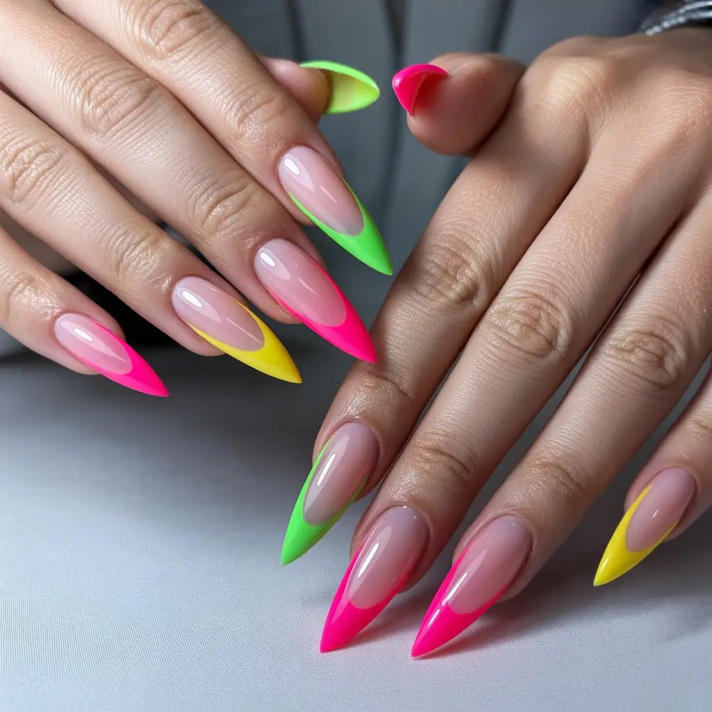 summer nail colors ideas 2026 neon Color-pop French with neon variety
