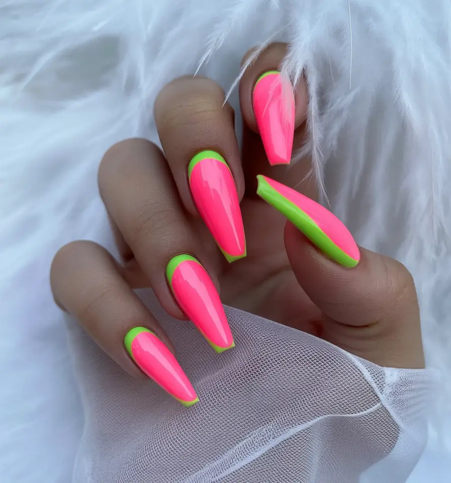summer nail colors ideas 2026 neon Electric pink neon with sharp green outline