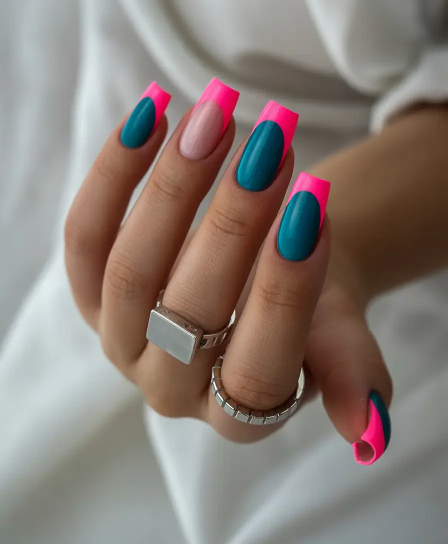 summer nail colors ideas 2026 neon Reverse neon French with deep teal contrast