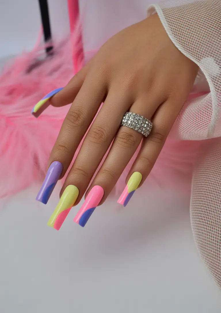 summer nail colors ideas 2026 neon Soft neon waves in pastel motion