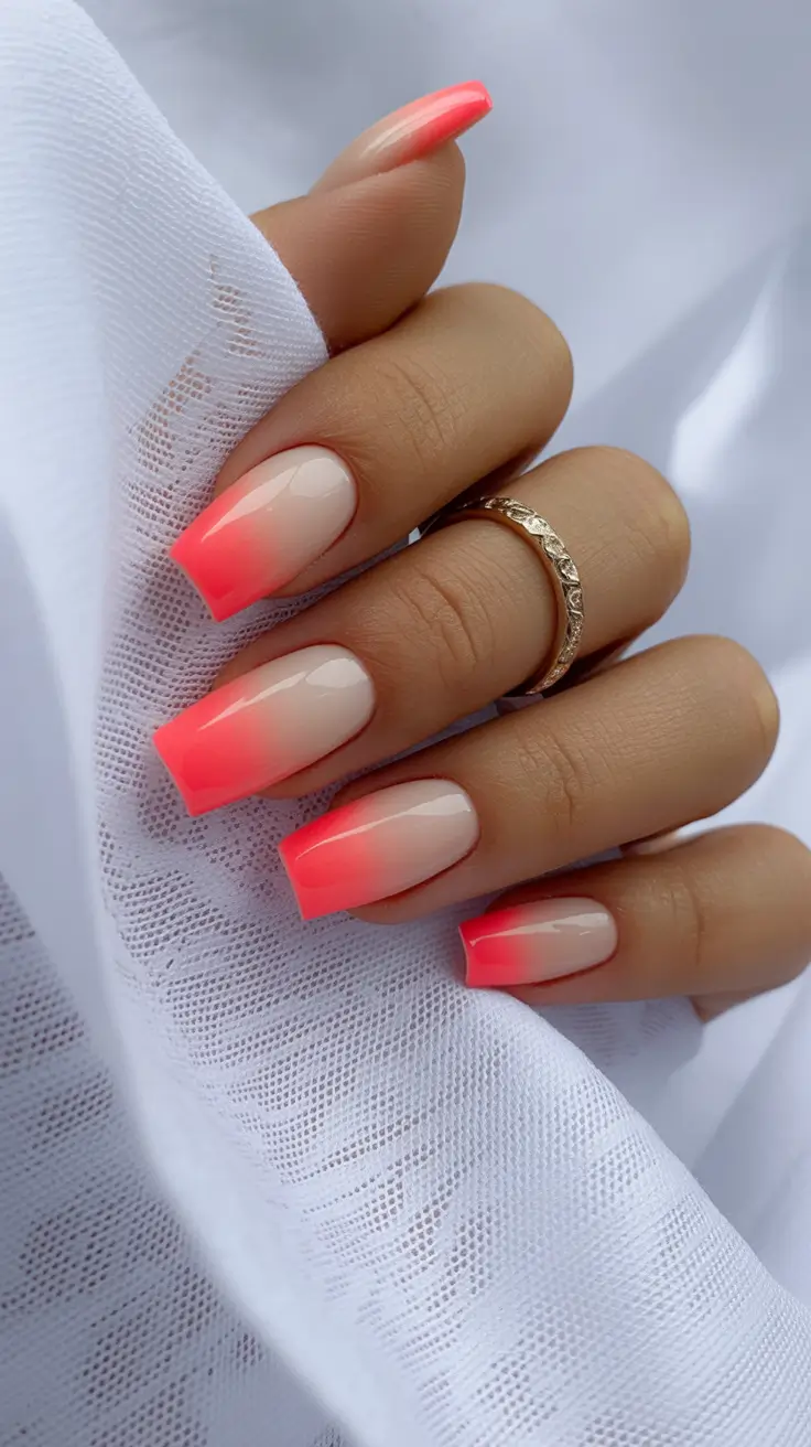 summer nail colors ideas 2026 neon Glossy coral ombré with a soft fade