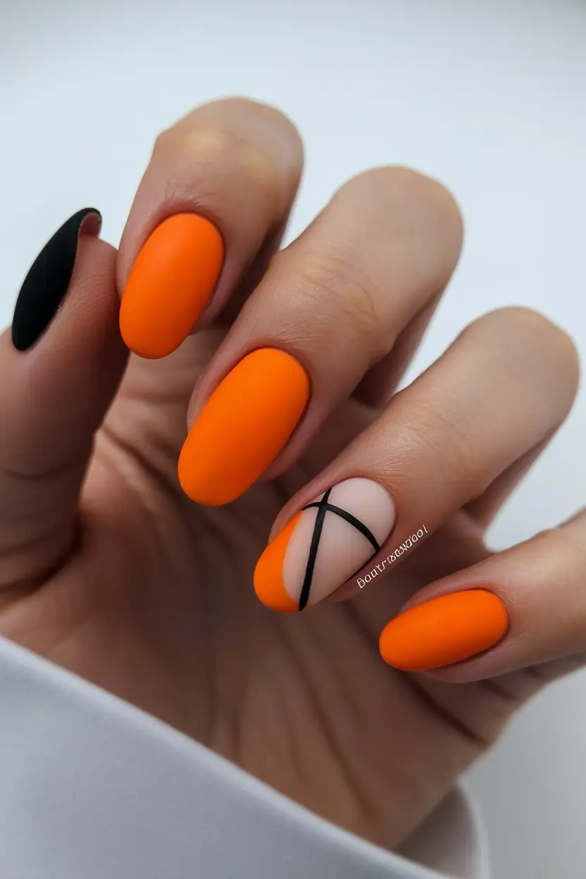 summer nail colors ideas 2026 neon Matte orange statement with graphic lines