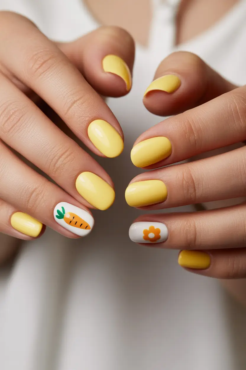 summer nail colors ideas 2026 neon Sunny yellow with playful mini art