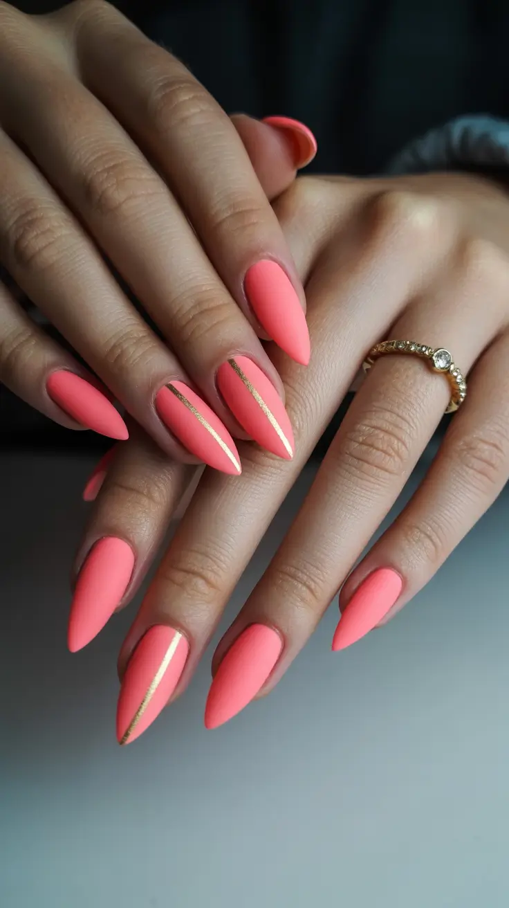 summer nail colors ideas 2026 neon Matte coral elegance with gold accents