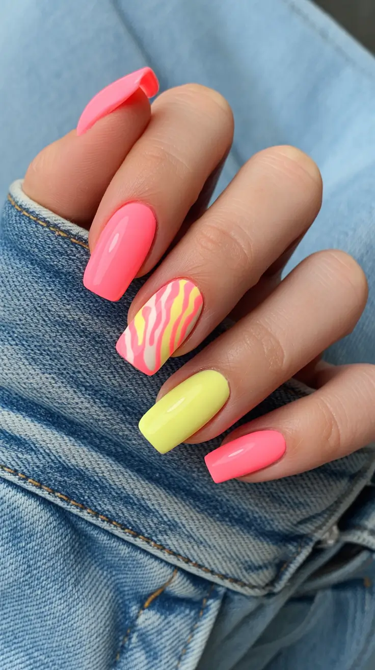 summer nail colors ideas 2026 neon Neon mix with soft swirl accent