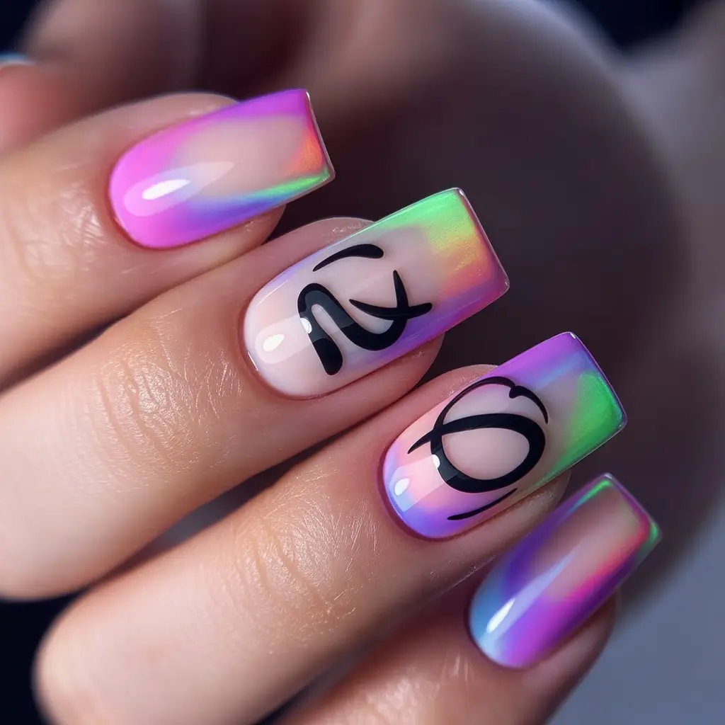 summer nail colors ideas 2026 neon Soft chrome glow with playful lettering