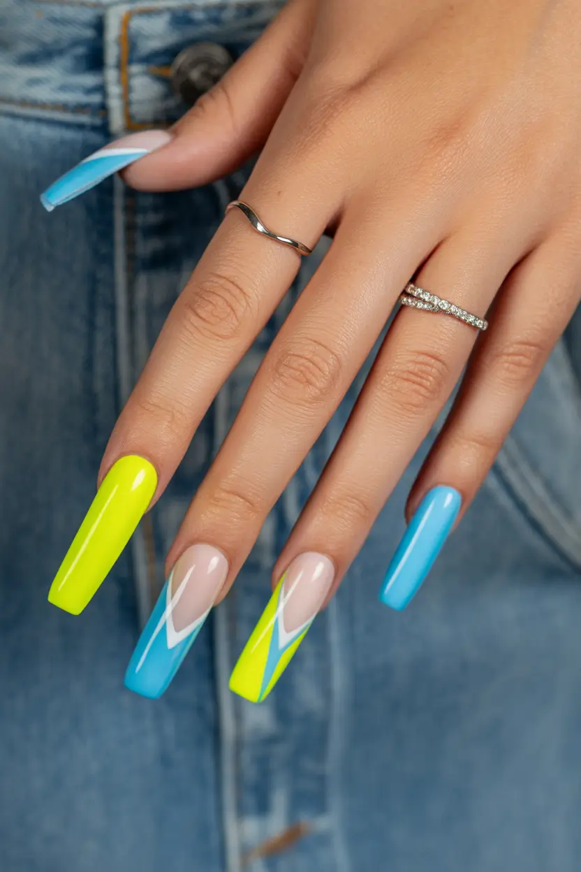 summer nail colors ideas 2026 neon Bold blue and green geometric neon mix