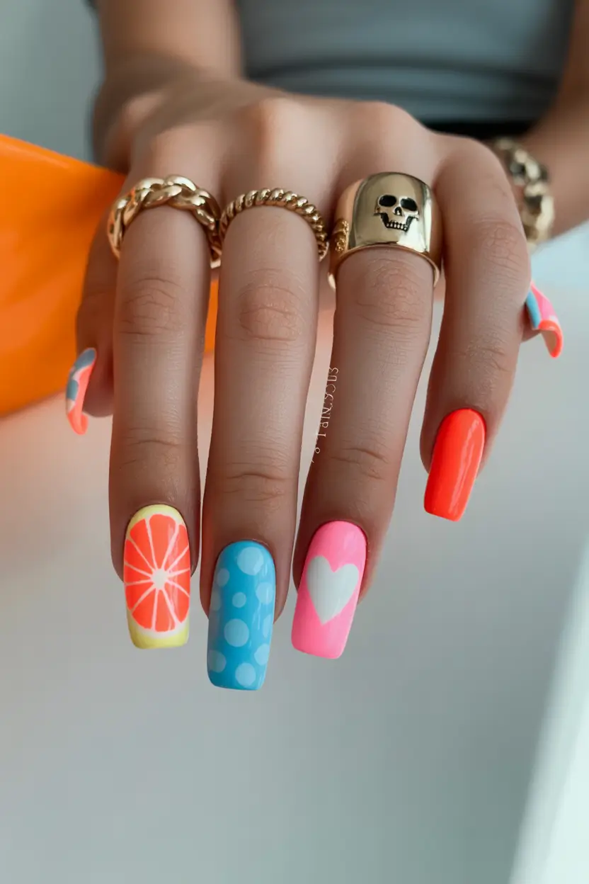 summer nail colors ideas 2026 neon Playful neon mix with graphic summer icons