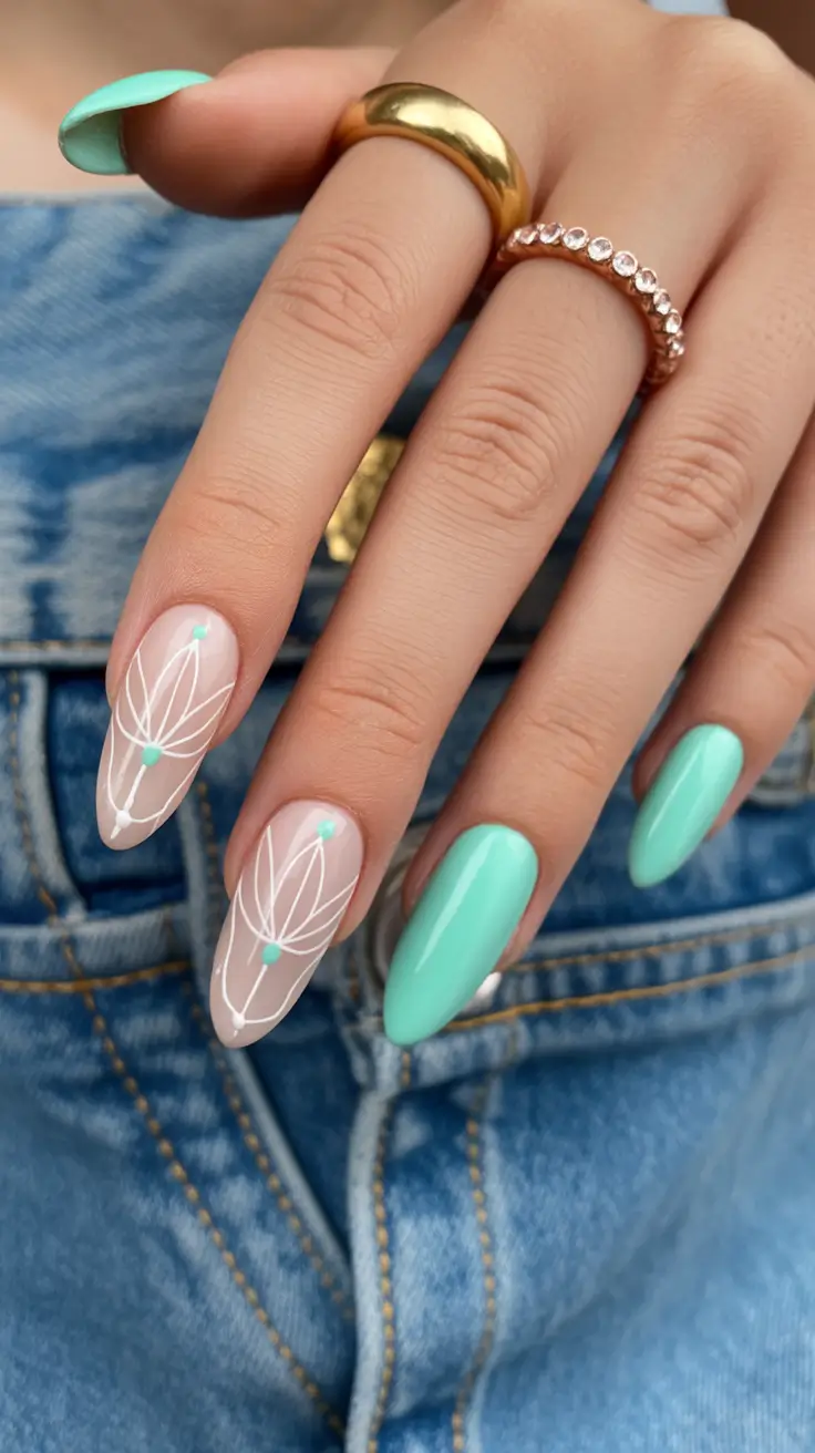 summer nail colors ideas 2026 neon Soft mint neon with delicate line art