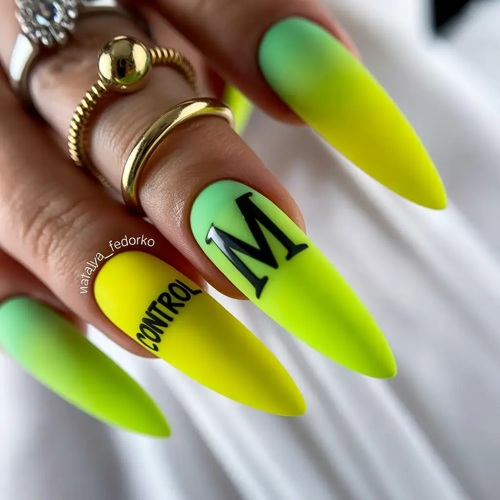 summer nail colors ideas 2026 neon Matte neon statement with graphic text