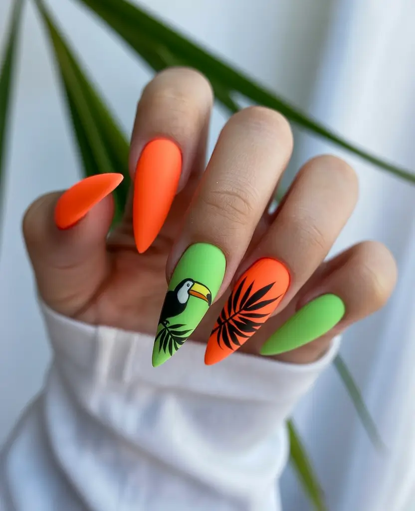 summer nail colors ideas 2026 neon Tropical neon mix with playful detailing