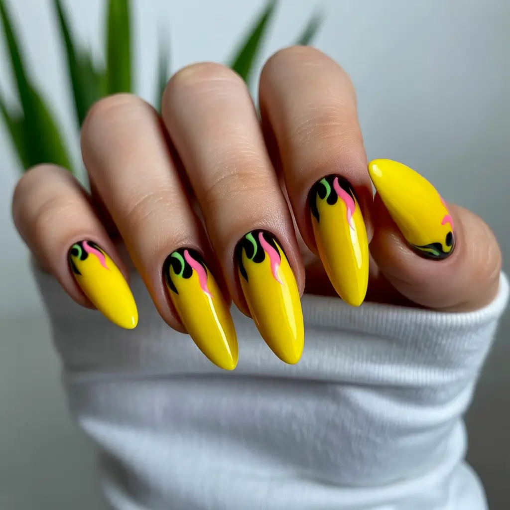 summer nail colors ideas 2026 neon Glossy flame accents on bold yellow