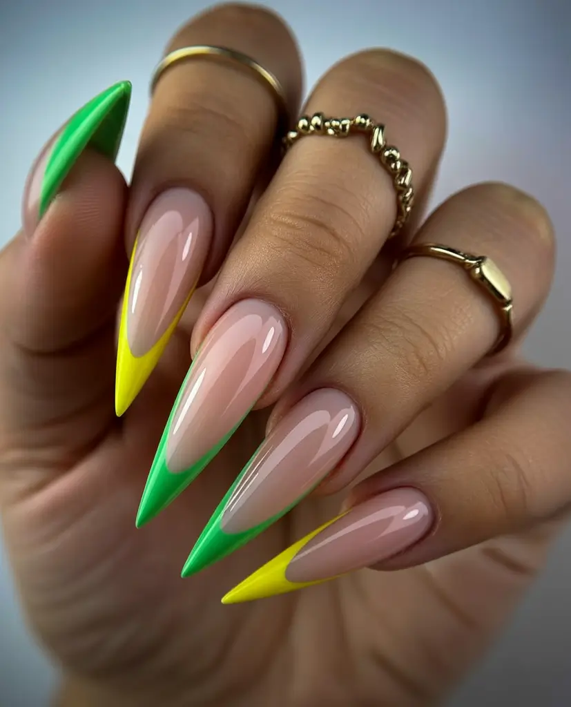 summer nail colors ideas 2026 neon Sharp neon French in dual tones