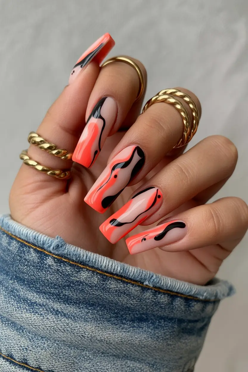 25 summer nail inspo 2026 gel Coral Abstract Gel Waves For A Bold Summer Statement