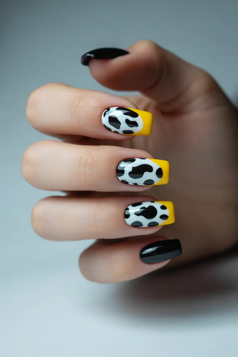 25 summer nail inspo 2026 gel Playful Cow Print And Yellow French Tip Combo
