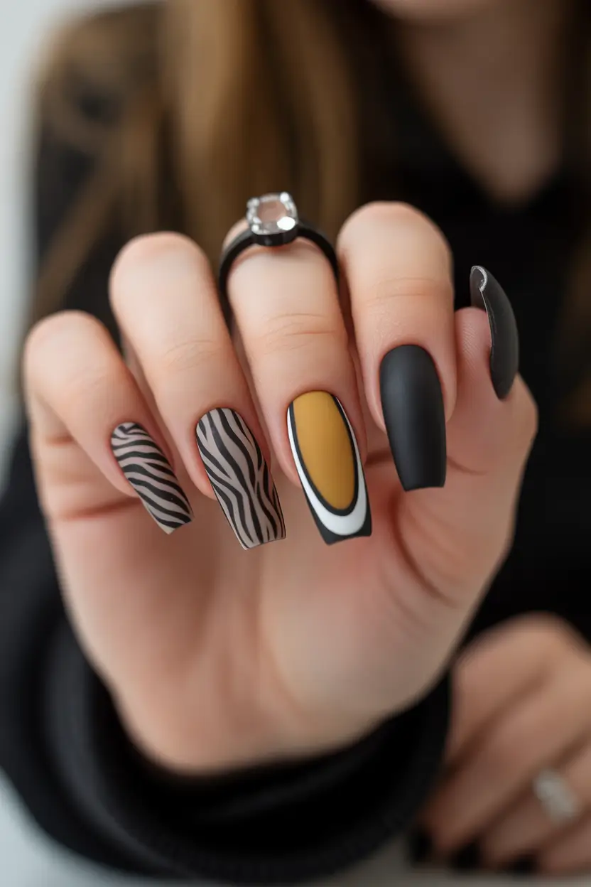 25 summer nail inspo 2026 gel Matte Zebra And Mustard Graphic Nail Design