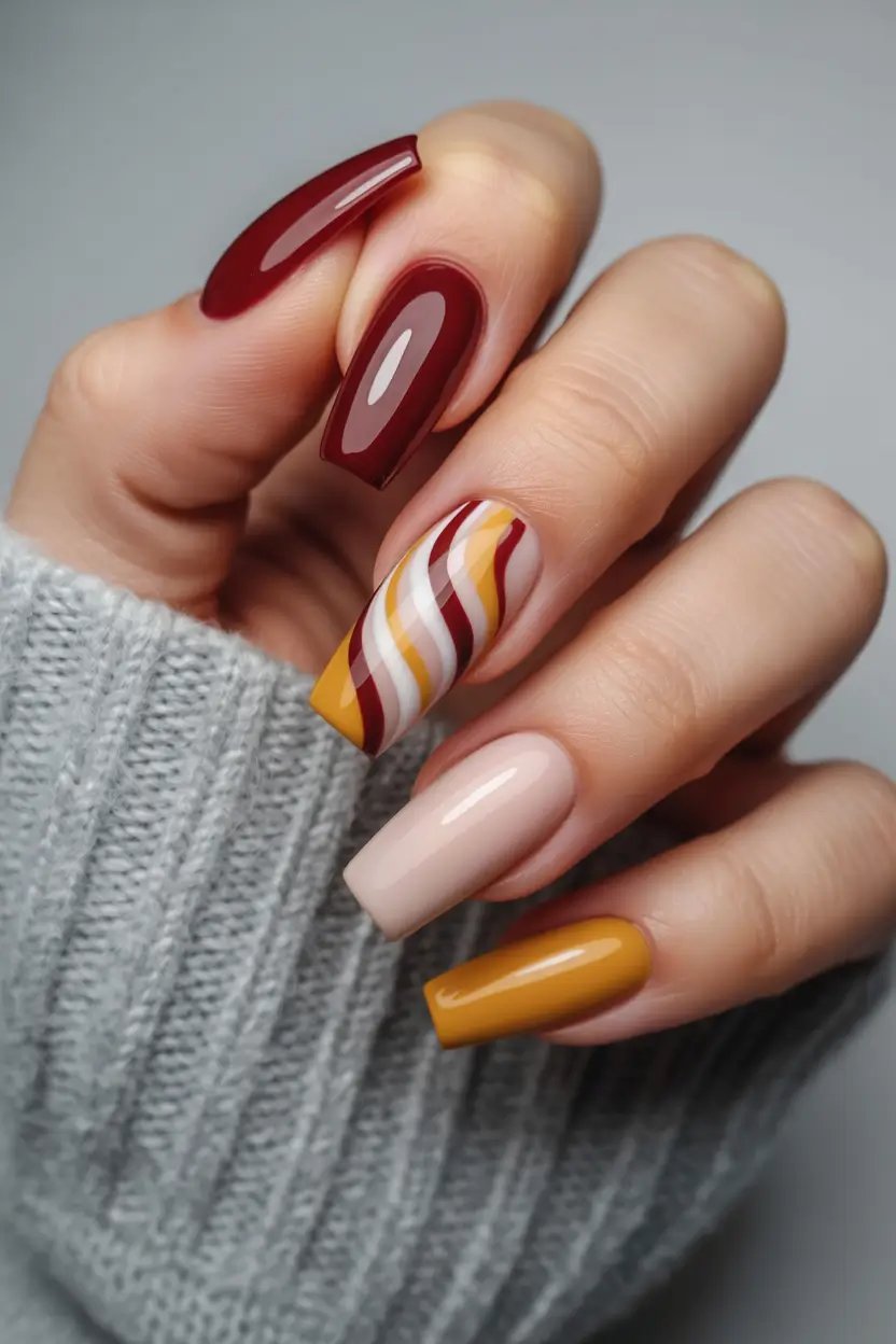25 summer nail inspo 2026 gel Warm Retro Waves In Burgundy And Mustard