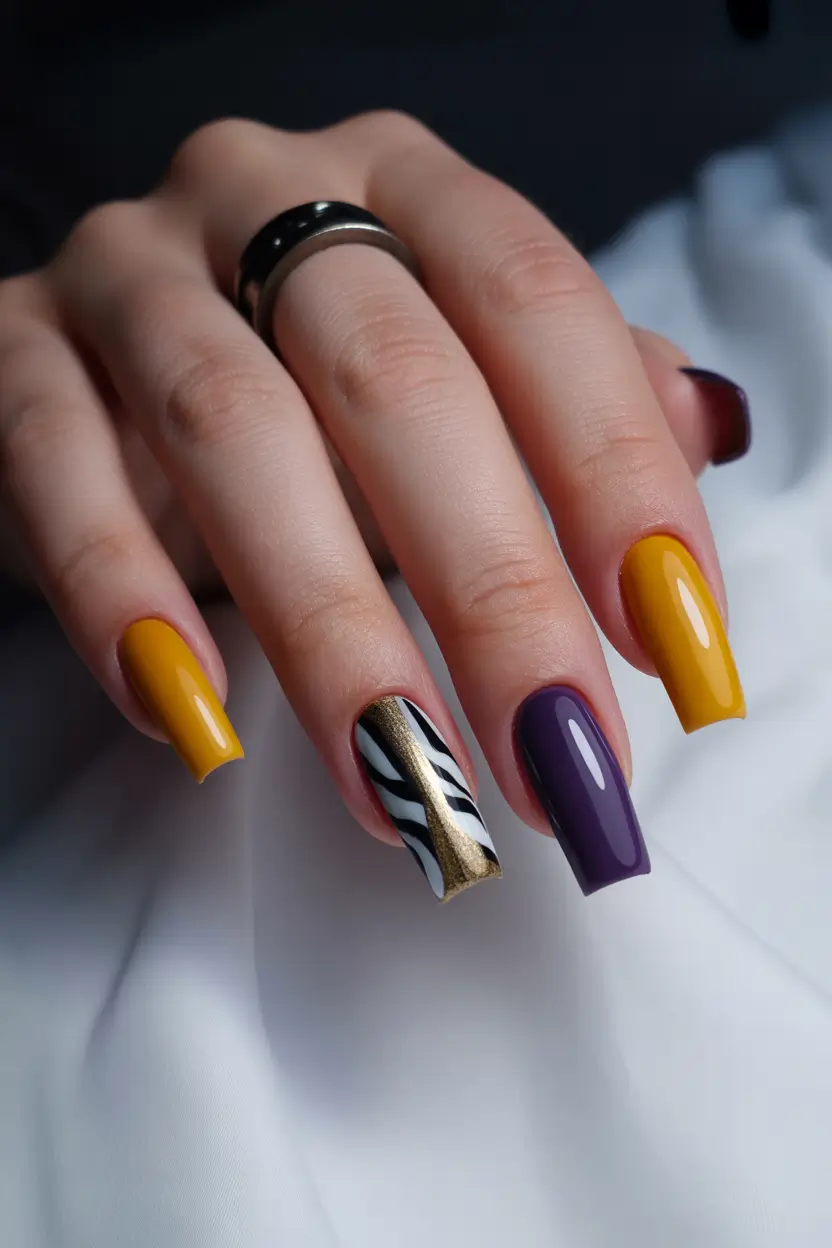 25 summer nail inspo 2026 gel Bold Mustard And Plum Accent Gel Manicure