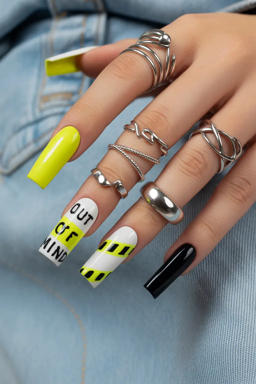 25 summer nail inspo 2026 gel Neon Street Style Gel Nails With Graphic Message
