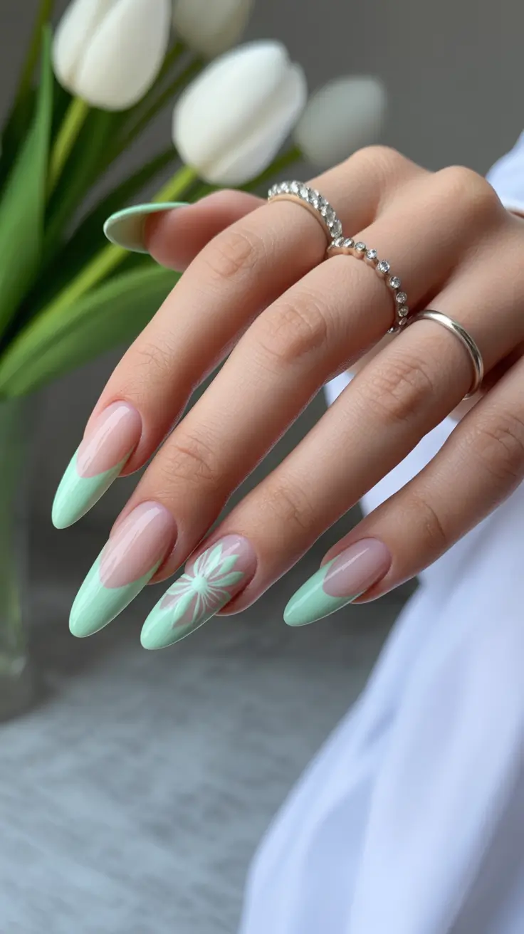 25 summer nail inspo 2026 gel Mint Almond Gel With Soft Floral Accent