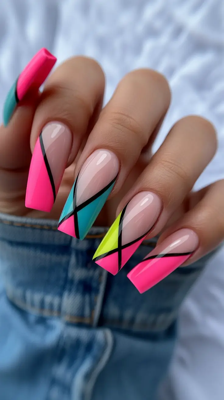 25 summer nail inspo 2026 gel Graphic Neon Geometric Gel Nails