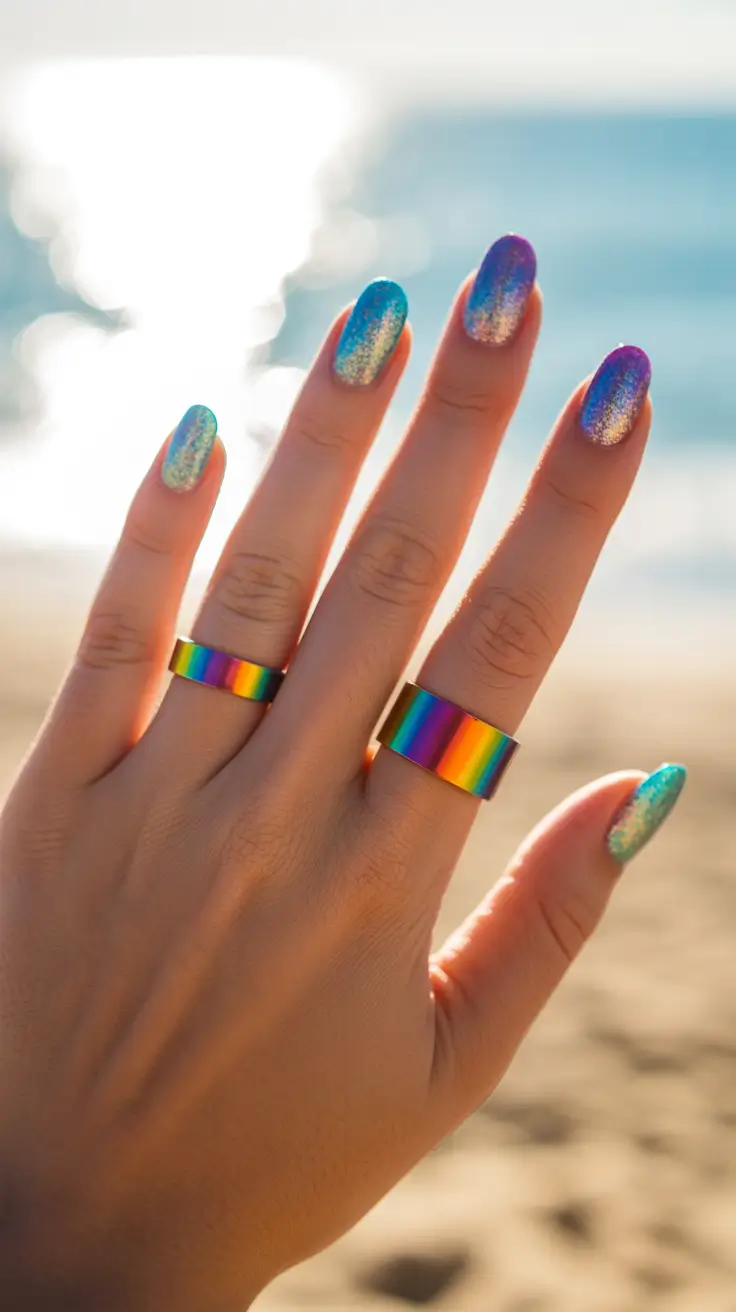 25 summer nail inspo 2026 gel Rainbow Holographic Beach Nails