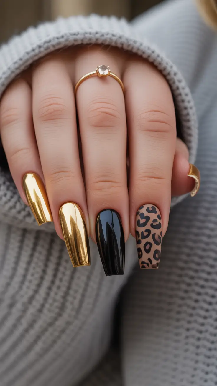 25 summer nail inspo 2026 gel Gold Chrome And Leopard Accent Statement Nails