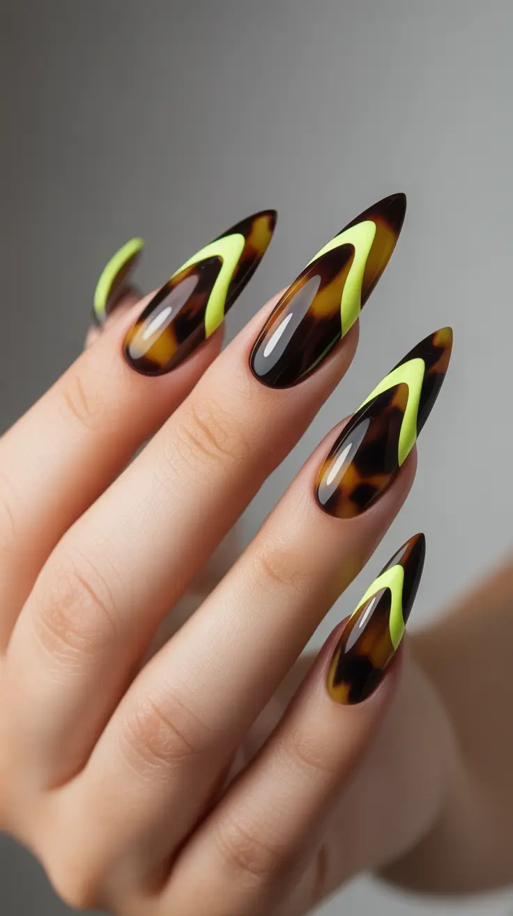 25 summer nail inspo 2026 gel Tortoiseshell Almond Nails With Neon Edge